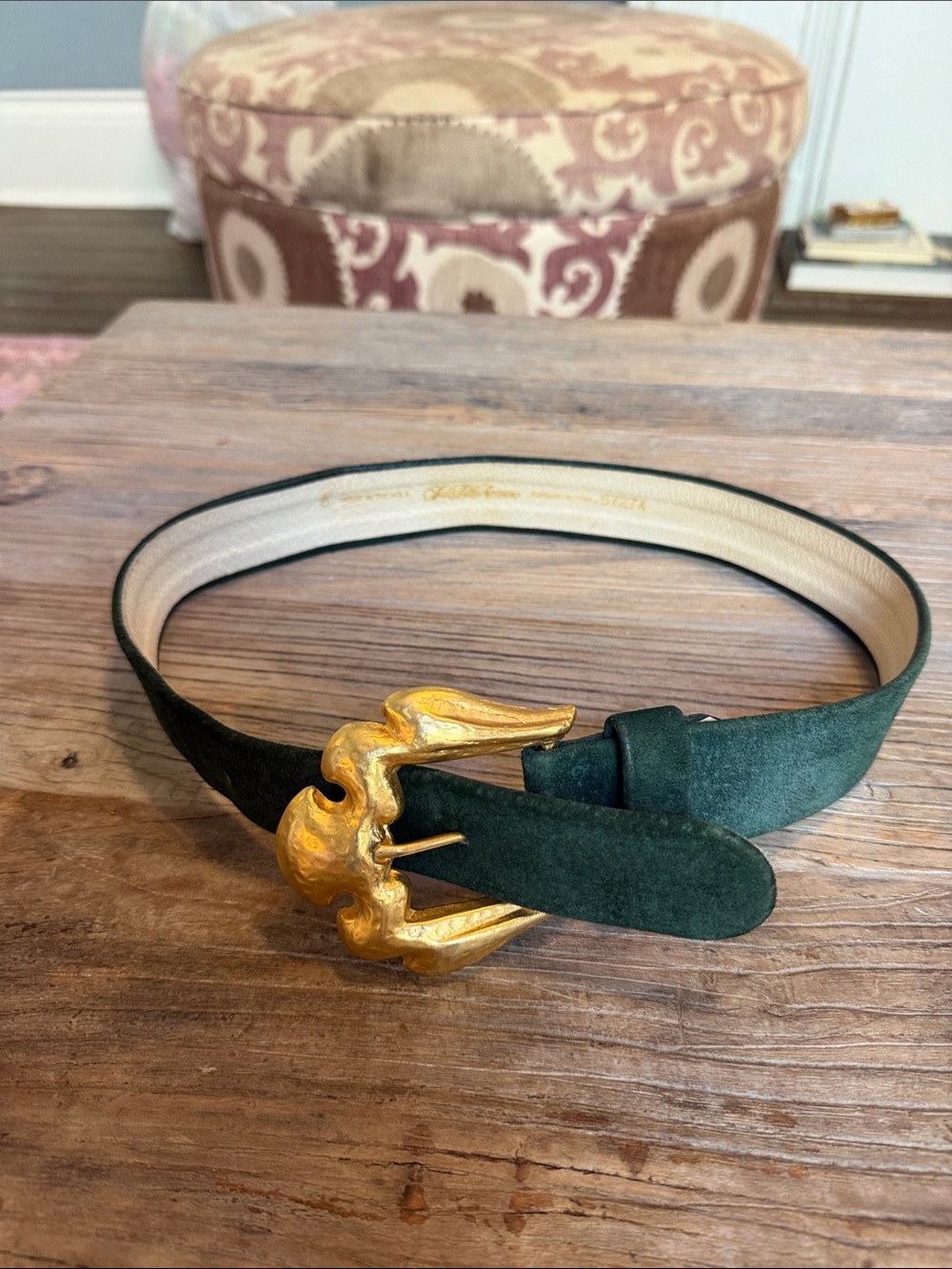 Saks Fifth Avenue Dark Green Suede Belt with Gold Sculpted Buckle